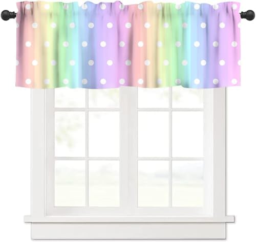 Colorful Rainbow Window Valance, Cartoon Cute Pastel Stripes Polka Dots Print by JanJCurt