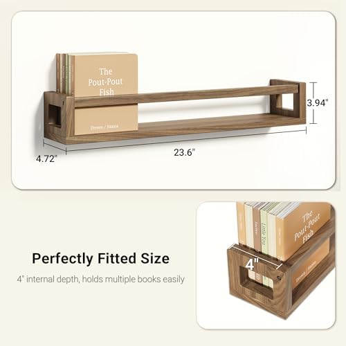 3 Pack 24 Inch Nursery Book Shelves, Solid Wood Floatingshelf, Walnut Brown - Image 2
