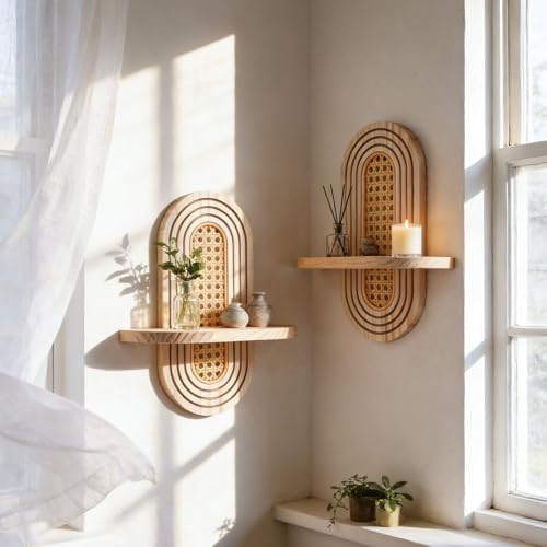 Artilady Boho Shelf Wall Decor Rattan Wood Floating Shelves Srorage Display - Image 3