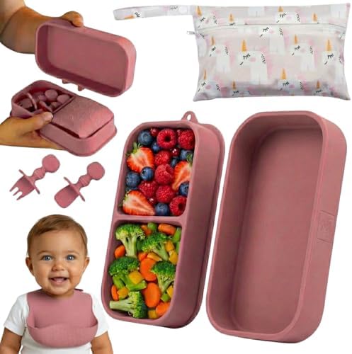 Baby Travel Feeding Set with Silicone Suction Plates, Dark Pink Small by PalzPandy