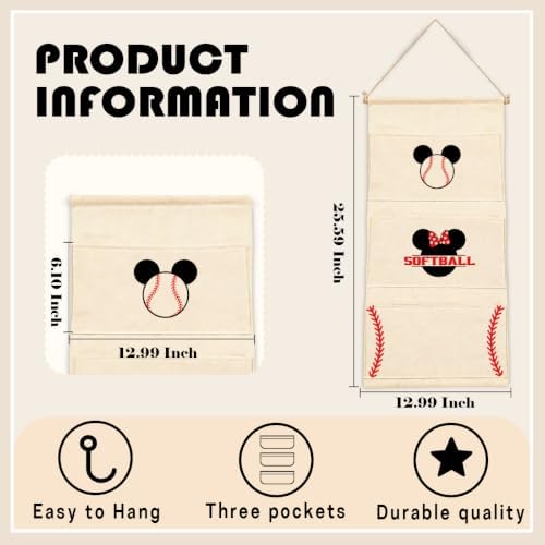 3-Pocket Hanging Wall Organizer, Baseball Theme Over Door Storage - Image 3