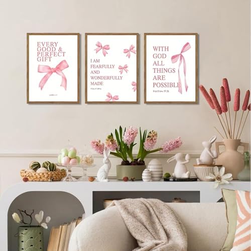JBZDD Wood Coquette Pink Bow Canvas Wall Art Set of 3, Inspirational Bible - Image 2