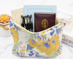 Flat Makeup Bag for Women, Zipper Cosmetic Pouch Purse, Brocade Flower Yellow - Image 2