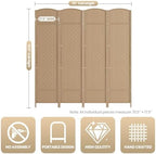 4 Panel Folding Room Divider, Woven Privacy Screen, Light Beige - Image 3