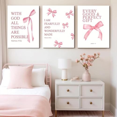 Coquette Pink Bow Canvas Wall Art Set of 3 Inspirational Bible Verses Decor - Image 5
