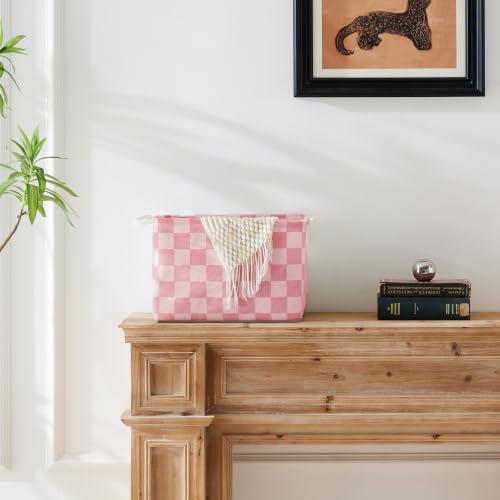 Ohocut Pink Coral Checkered Canvas Basket, Rectangular Organizing Decorative - Image 2