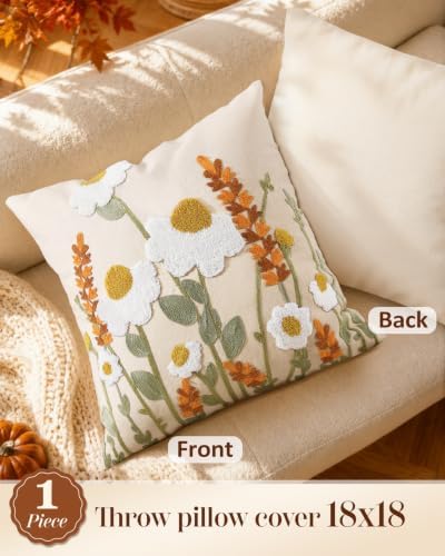 Embroidered Throw Pillow Cover, 18x18 Inch, Fall Wildflower - Image 4