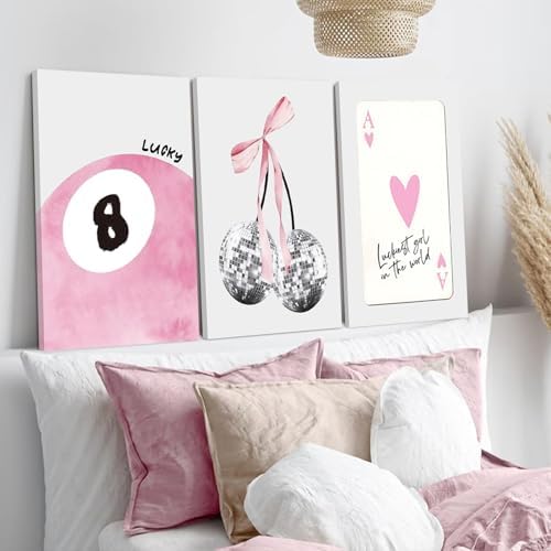 JBZZD Pink Coquette Canvas Wall Art Set of 3 Trendy Preppy Disco 8 Ball Cherry - Image 2