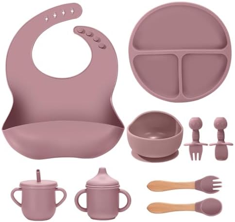 Silicone Baby Feeding Set 9 Pcs, Spill-Proof Suction Plate, Silicone spoon&forks by JELLDJKSiliconeBabyFeeding
