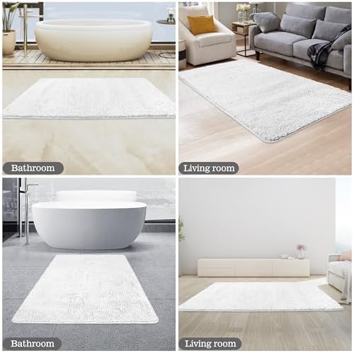 Yeaban Chenille White Bathroom Rug 30"x50", Non-Slip Rubber Backing - Image 6