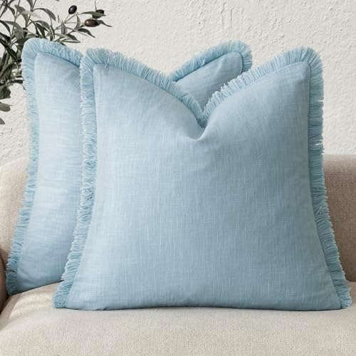 Foindtower Decorative Linen Fringe Throw Pillow Covers 22×22 Light Blue by Foindtower