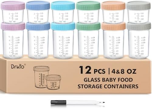 DRKIO 12 pcs Baby Food Storage Containers 4&8 Oz Small Glass Jars by DRKIO