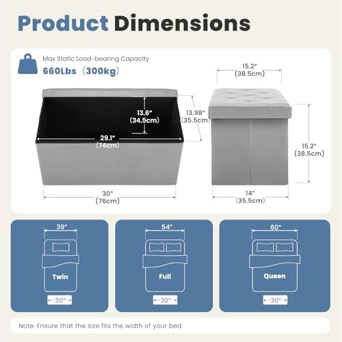 DUMOS 30 Inch Folding Storage Ottoman Bench, Large Hidden Storage Chest - Image 3