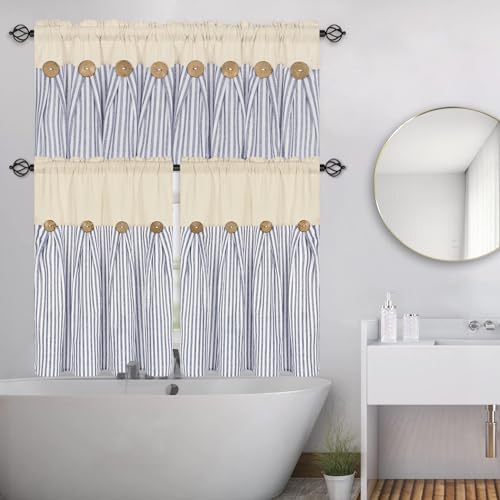 ASPMIZ Cotton Linen Farmhouse Kitchen Curtains, Boho Rustic Button Tier - Image 2