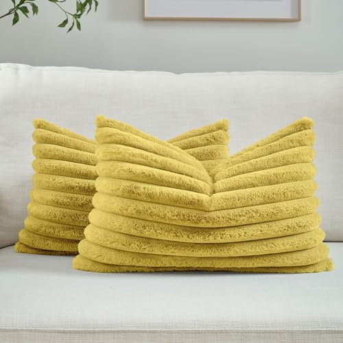 FUTEI Pack of 2 Faux Fur Throw Pillow Covers 12x20 Inch, Mustard Yellow by FUTEI