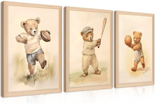 Framed Bear Wall Art Nursery Decor Set of 3, Cute Vintage Baby Bear Sports by BGFCEWallArt