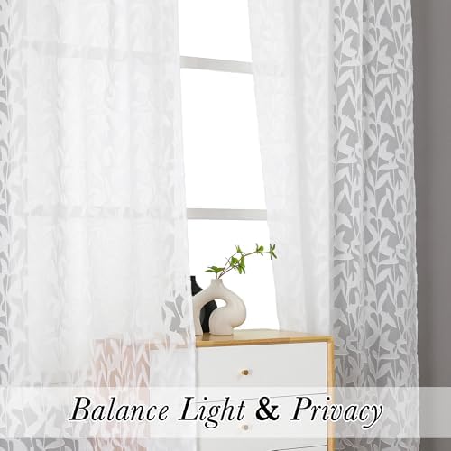 Lecloud Leia White Sheer Curtains 108 Inches Long 2 Panels, Airy Jacquard Leaf - Image 5