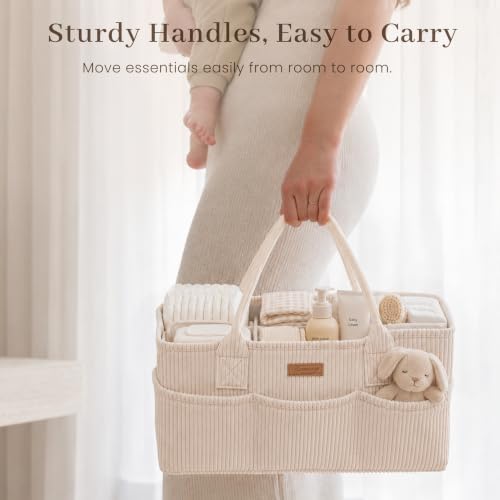 Konssy Baby Diaper Caddy Organizer, Corduroy Nursery Storage Basket - Image 5