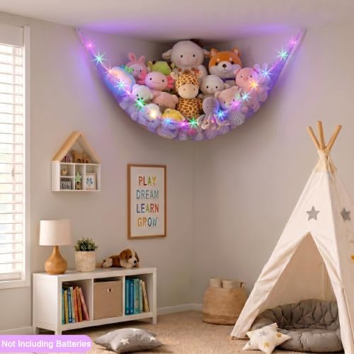 Stuffed Animals Hammock with LED Light Toy Net Room Decor Corner Storage - Image 2