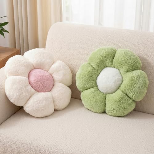2 Pcs Flower Floor Cushions, Cute Green White Decorative Throw Pillows by Jznexdhomedecorations