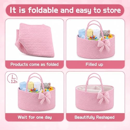 Hushee Pink Bow Baby Diaper Caddy Organizer Bag Basket - Image 6