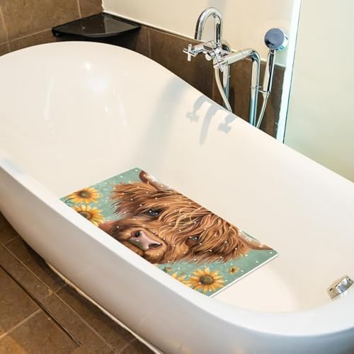 Shower Mat Non Slip 26.8 x 15.1 Inches, Highland Cow Sunflower Bathtub Mat - Image 5