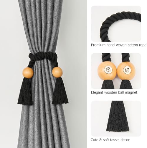 NICEEC 2 Pack Wooden Ball Magnetic Curtain Tiebacks Boho Home Decor Drape Tie - Image 3