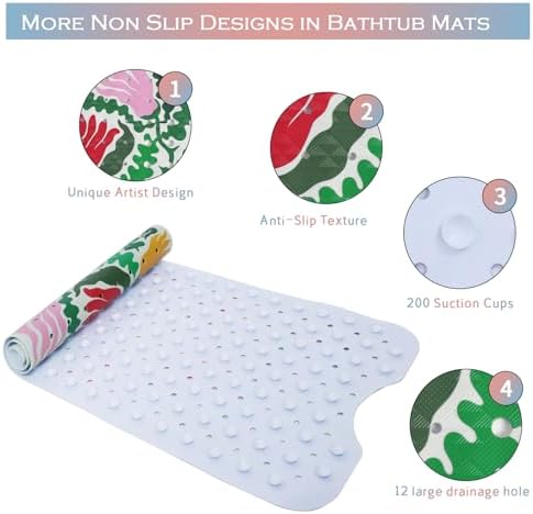 Plant Bathtub Mat Non Slip for Kids 40x16in Extra Long Floral Anti Slip Bath - Image 4