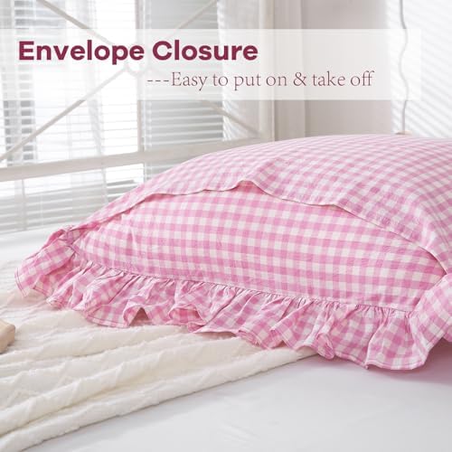 2 Pack Pink White Gingham Ruffle Throw Pillow Covers 22''x22'' - Image 4