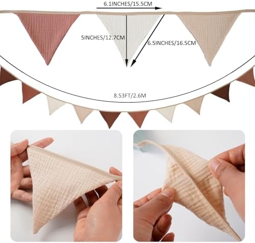 Pennant Banners Bunting Flags Beige and Coffee, Garland Triangle Banners Fabric - Image 2