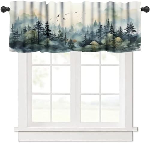 Forest Kitchen Valance Curtain, Watercolor Style Nature Mountain Woodland Green by LOMADIA