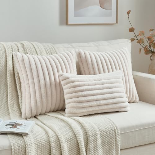 FUTEI Pack of 2 Faux Fur Throw Pillow Covers 12x20 Inch, Light Beige - Image 4
