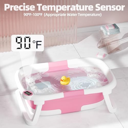 Collapsible Baby Bathtub with Thermometer, 0-36 Months, Dark Pink - Image 2
