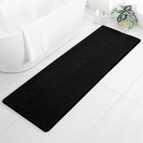 Chenille Bathroom Runner Rug 24"x72" Black, Plush Bath Mat by Kildoss