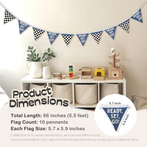 Race Car Room Decor for Boys Canvas Linen Garland Triangle Banners, Ready Set - Image 6