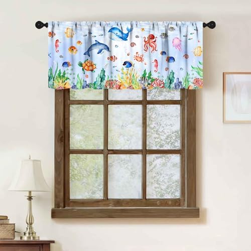 Whale Window Valance for Kids Room, Cartoon Cute Ocean Fish Shark Underwater - Image 2