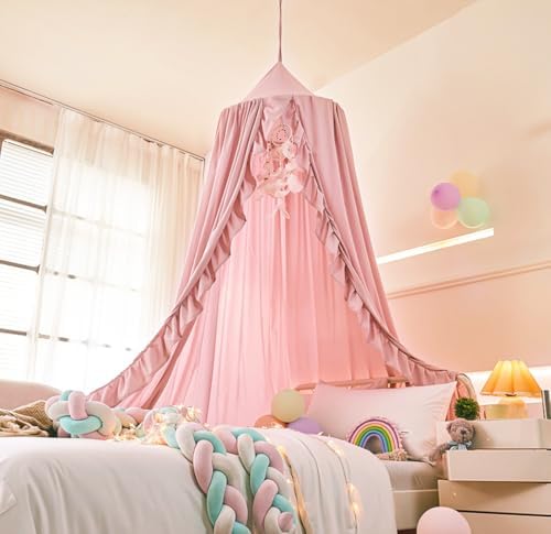 Mengersi Bed Canopy for Girls, Ruffled Canopy Bed Curtains Canopy for Girls Room - Image 2