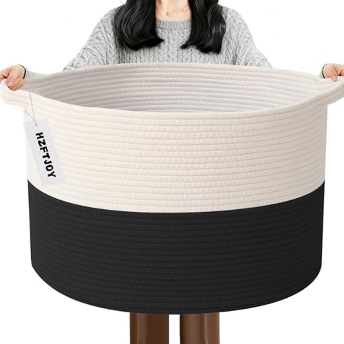115L Extra Large Blanket Basket, Woven Laundry Basket-White&Black by HZFTJOY
