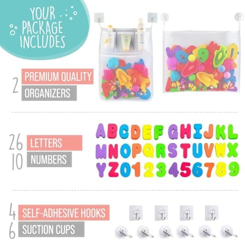 Comfylife 2 x Mesh Bath Toy Organizer + 6 Ultra Strong Hooks + 36 Bath Letters - Image 5
