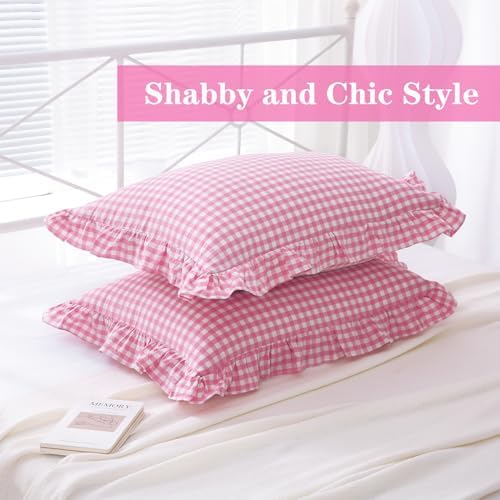 2 Pack Pink White Gingham Ruffle Standard Pillow Shams 20"x26" - Image 4