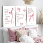 Coquette Pink Bow Canvas Wall Art Set of 3 Inspirational Bible Verses Decor - Image 2