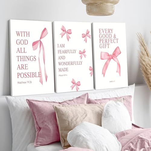 Coquette Pink Bow Canvas Wall Art Set of 3 Inspirational Bible Verses Decor - Image 2