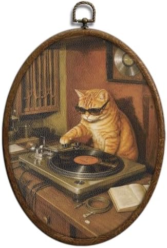 Whimsical Cat Wall Art, Vintage Cool DJ Cat Playing Music Oval wall Art by Unknown