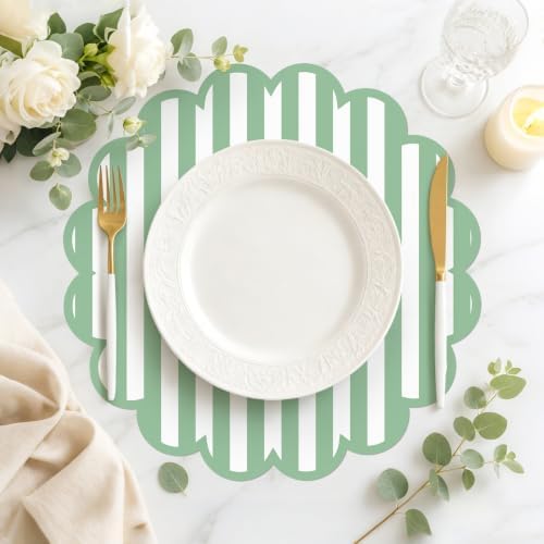 100 Pcs Sage Green Striped Paper Placemats 13.5 Inch Disposable Round Placemat - Image 4