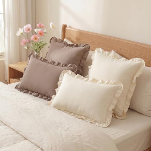 Set of 2 Taupe Ruffled Lumbar Pillow Covers 12x20 Inch, Soft Fabric Solid Color - Image 7