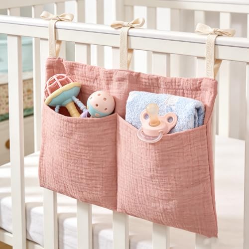 Muslin Cotton Baby Bedside Hanging Storage Bag, 2-Pocket Crib Diaper Caddy - Image 5