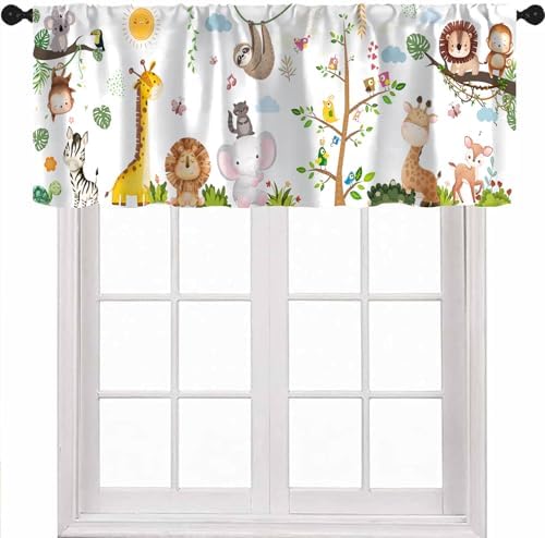 Kids Forest Animals Valance Curtains, Cartoon Elephants Giraffes, Lions Parrots by Unknown