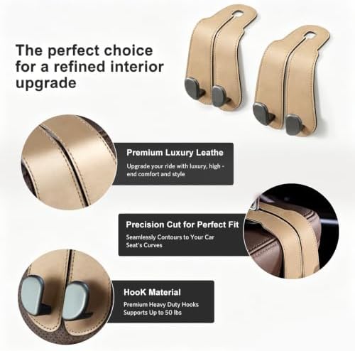 CoBak Extra Wide Car Seat Back Hooks, Premium Stitched Leather Headrest Hangers - Image 2