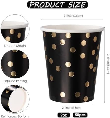 WRAPAHOLIC 50 Pcs Black Gold Dot Paper Cups - 9 oz Black and Gold Foil Dots - Image 2