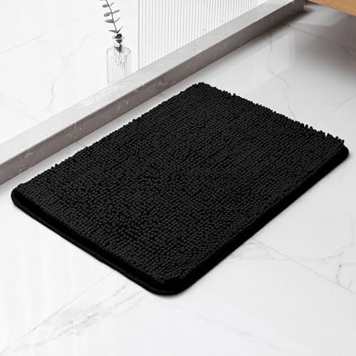 Chenille Bathroom Rug 17"x24" Black, Non-Slip Plush Bath Mat by Kildoss